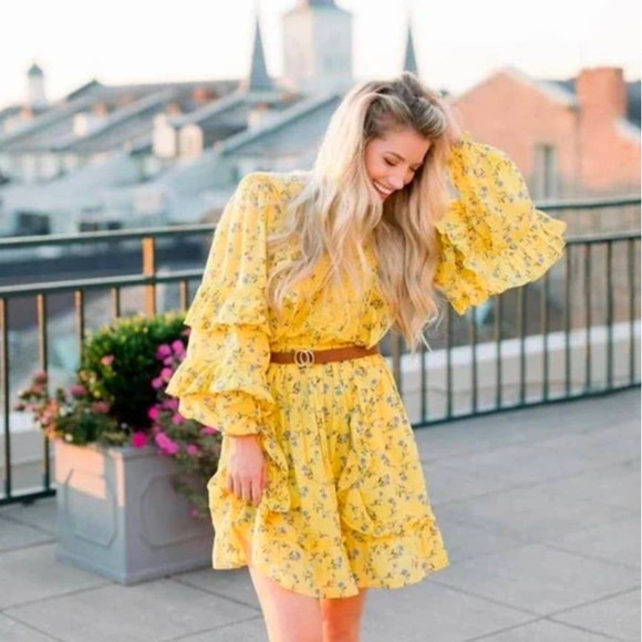 Happy x Nature Dresses & Skirts - Happy X Nature Meadow Flower Ruffle Dress Size M Yellow Ditsy Floral Cottagecore